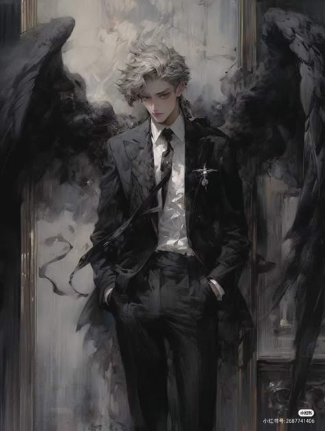 Fallen Angel Oc Male, Anime Fallen Angel, Male Fallen Angel, Dark Angel Wings, Fallen Angel Art, White Hair Anime Guy, Angel Wallpaper, Angel Drawing, Dark Anime Guys