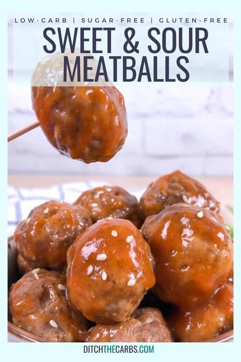 EASY keto sweet and sour meatballs are the perfect healthy family dinner. Enjoy this high protein low-carb meal in under 30 minutes. Another yummy way to cook ground beef and ground pork. Sweet N Sour Meatballs, Sweet And Sour Meatballs Recipe, Meatballs Sauce Recipe, Cooking Frozen Meatballs, Sweet Meatballs, Keto Meatballs, Sugar Free Ketchup, Low Carb Meatballs, Sweet And Sour Meatballs