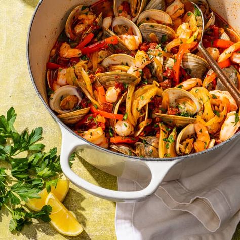 Cataplana (Portuguese Seafood Stew) | America's Test Kitchen Recipe Stew For Two, Portuguese Seafood, Crusty Bread Recipe, American Test Kitchen, Cooks Illustrated Recipes, Beach 2023, Seafood Stew, America's Test Kitchen Recipes, Cooks Illustrated