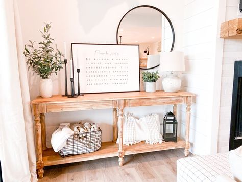 Wood Everett Foyer Table curated on LTK Kirklands Console Table, Entry Way Table Decor Farmhouse Style, Foyer Console Table Decor, Entryway Console Table Decorating, Console Tables In Living Room, Everett Foyer Table, Front Entry Tables, Foyer Table Decor, Hallway Decorations