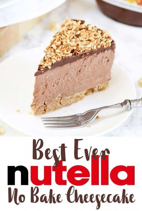 This is the ULTIMATE No Bake Nutella Cheesecake. Incredibly easy and utterly delicious. This chocolate and hazelnut delight is a must make for Nutella fans! Light and creamy, with a buttery biscuit base and roasted hazelnut topping. Look no further for THE best Nutella cheesecake recipe. #chocolatecheesecake Nutella No Bake, Nutella Cheesecake Recipes, No Bake Nutella Cheesecake, Nutella Cheesecake, Bake Cheesecake, Nutella Recipes, Dessert Dips, Bake Dessert, Oreo Dessert