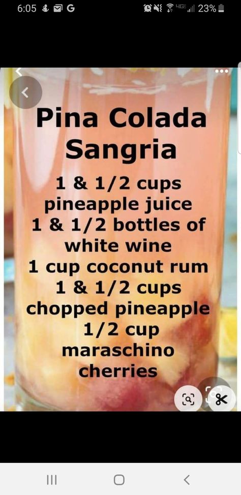 Pina Colada Sangria, Recipes Drinks, Cocktail Drinks Alcoholic, Mixed Drinks Alcohol, Yummy Alcoholic Drinks, Liquor Drinks, Boozy Drinks, Drinks Alcohol, Mixed Drinks Recipes