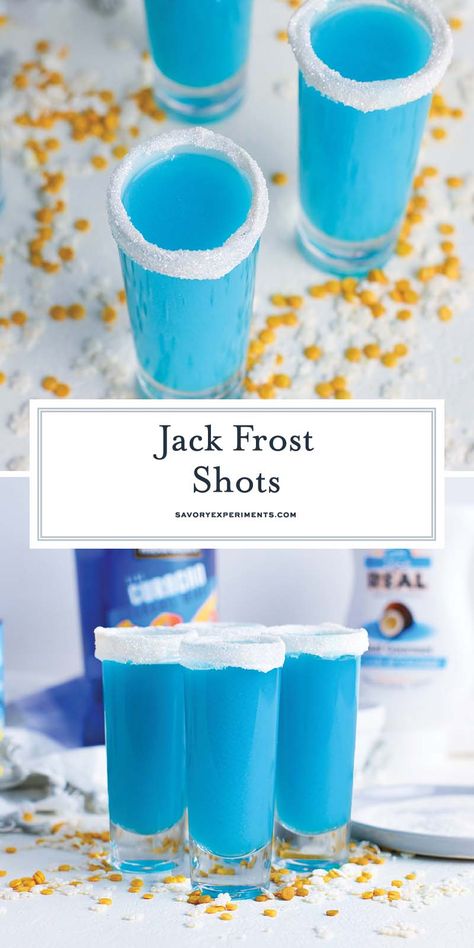 Perfect for holiday parties, these creamy coconut and fruit juice-filled Jack Frost Shots will practically transport you to a tropical island. Mixed Party Drinks, Mixed Drinks Christmas, Christmas Drinks Shots, Frosty Snowman Cocktail, Nye Shots Cocktail Recipes, Christmas Party Shots Holiday Drinks, Rumchata Christmas Shots, Holiday Shots Recipes, Festive Shots Holiday Drinks