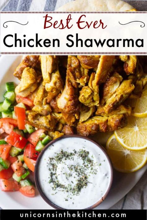 Forget about take out and try this homemade chicken shawarma! With the best spice mix and marinade, you'll have juicy and tasty chicken shawarma on the table in no time. Serve as a wrap in pita or lavash with salad, pickles and fries or as a bowl on some salad and rice. Follow my step-by-step tutorial to make the best every shawarma at home! Chicken Shawarma Wrap, Lebanese Chicken, Shawarma Spices, Chicken Shawarma Recipe, Shawarma Recipe, Mediterranean Salad, Mediterranean Chicken, Oven Roasted Chicken, Chicken Shawarma