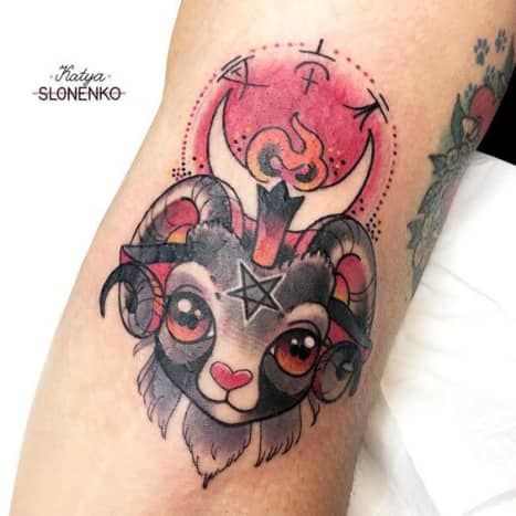 Cute Aries occult tattoo by Katya Slonenko Spirit Animal Tattoo, Satanic Tattoos, Glyph Tattoo, Dark Tattoos, Occult Tattoo, Pink Tattoo, Birthday Tattoo, Aries Tattoo, Small Meaningful Tattoos