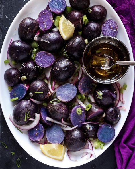 Purple Potato Salad — Purple Potato Salad, Purple Potato Recipes, Greek Style Potatoes, Picnic Snacks, New Potatoes, Purple Potatoes, Halloween Party Dinner, Veggie Side Dishes, Potatoe Salad Recipe