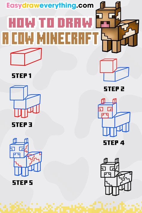 Minecraft Cow, Draw Minecraft, Step By Step Drawings, Drawings For Beginners, Cow Drawing, Minecraft Drawings, How To Draw Steps, Minecraft Characters