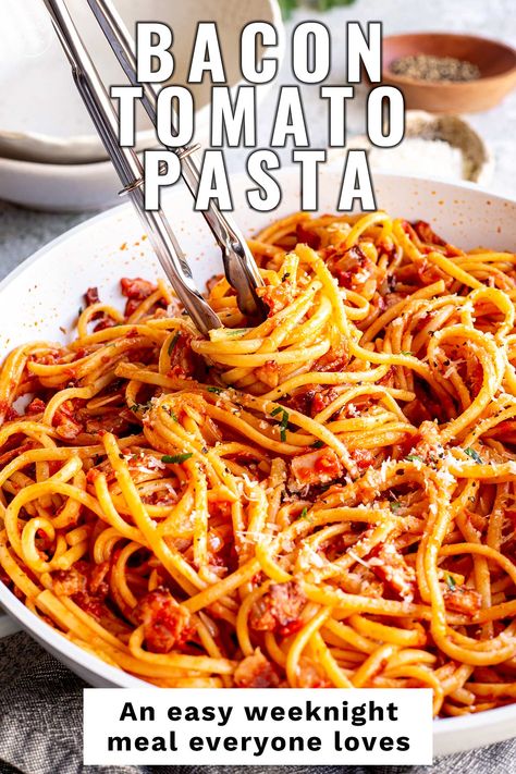 Bacon Tomato Spaghetti, Bacon Red Sauce Pasta, Creamy Tomato Bacon Pasta, Bacon Sundried Tomato Pasta, Bacon And Tomato Recipes, Pasta With Bacon And Tomatoes, Pasta Sauce With Bacon, Chicken Bacon Tomato Pasta, Bacon Noodles Recipe