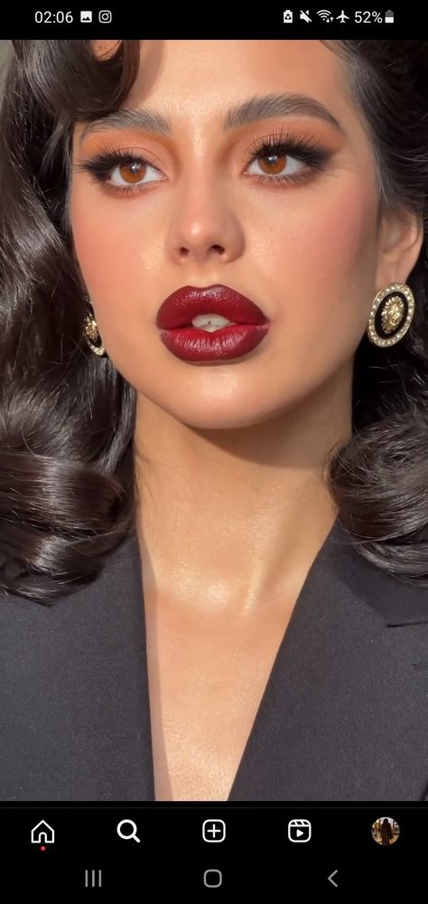 Red Lip Green Dress, Makeup For Red Wine Dress, Wine Dress Makeup Look, Plum Lipstick Makeup Look, Olive Tone Makeup, Wine Red Makeup Look, Maroon Lipstick Makeup, Wine Lipstick Makeup, Wine Dress Makeup