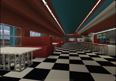 Minecraft Park Build, Minecraft Diner Interior, Minecraft American Town, Minecraft Fancy Restaurant, Diner Minecraft, Minecraft Restaurant Interior, Minecraft Movie Theater, Minecraft Diner, Minecraft Restaurant Ideas