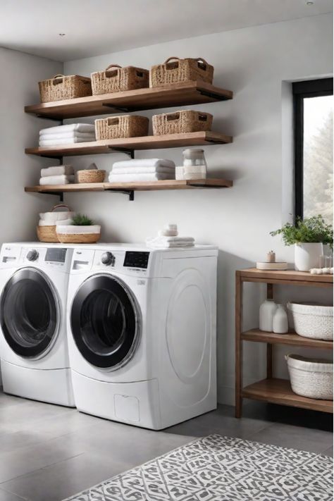 Organized small laundry room with shelves and baskets Laundry Room Shelves With Baskets, Wall Shelves Laundry Room, Laundry Room Ideas With Shelves, Utilize Small Space, Utility Organization Ideas, Laundry Room Open Shelving Ideas, Laundry Room With Open Shelving, Small Laundry Space Ideas, Open Shelves Laundry Room