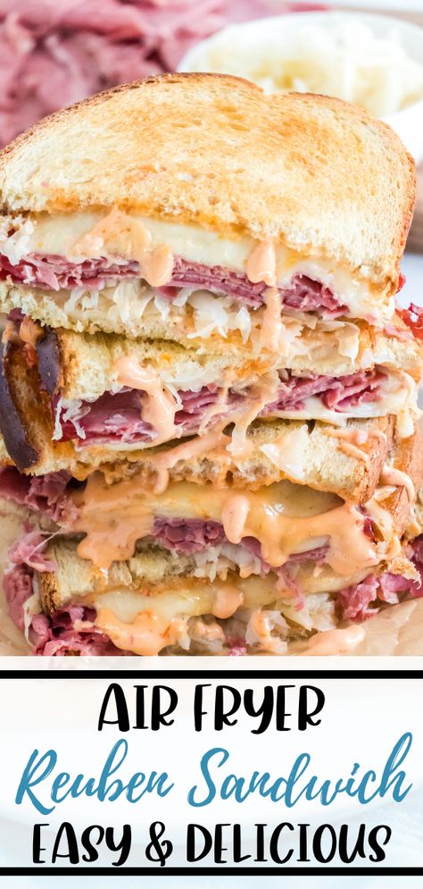 Making this Reuben Sandwich Recipe in your Air Fryer leaves the bread crispy and delicious. Filled with corned beef, swiss cheese, Thousand Island dressing, and sauerkraut you can’t rest going back for another taste. Reuben Sandwich Recipe, Sandwich Easy, Best Sandwich Recipes, The Best Air Fryer, Thousand Island, Best Air Fryer, Reuben Sandwich, Air Fried Food, Thousand Island Dressing