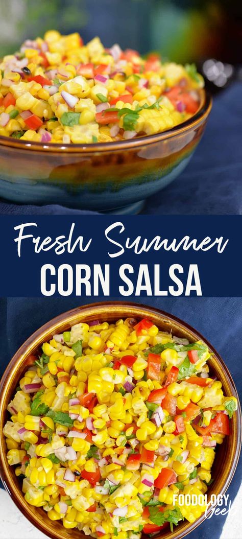 Learn how to make a delicious corn salsa recipe that's great for parties and potlucks. The fresh, summery flavors will make you want more! Sweet Corn Salsa Recipe, Mexican Corn Salsa, Roasted Corn Salsa Recipe, Corn Relish Dip, Street Corn Salsa, Corn Relish Recipes, Meat Tacos, Easy Corn Salsa, Sweet Corn Salsa