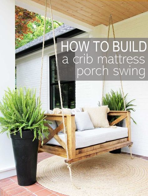 Crib Mattress Porch Swing, Diy Crib Mattress, Diy Porch Swing Bed, Porch Swing Plans, Diy Porch Swing, Front Porch Swing, Porch Swing Bed, Diy Crib, Swing Bed