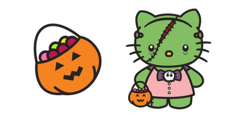 Halloween is getting closer and closer so Hello Kitty chooses her costume as Frankenstein - a green-skin monster made from pieces of corpses and created by a mad scientist Victor Frankenstein. Sanrio cursor with Halloween cute Hello Kitty and Candy. Green Face Paint, Halloween Hello Kitty, Big Decorations, Kitty Aesthetic, Victor Frankenstein, Custom Cursor, Hello Kitty Aesthetic, Cute Hello Kitty, Green Skin