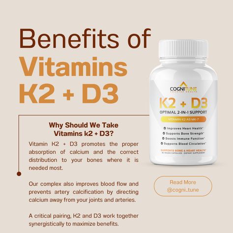 "As the saying goes, 'An apple a day keeps the doctor away' 🍎, but did you know Vitamin K2 + D3 can do wonders for your heart and bones? ❤️💪 Get the synergistic benefits of these essential vitamins with CogniTune's supplement. Visit our Amazon shop now! 🛍️💊 #VitaminK2 #VitaminD3 #HeartHealth #BoneHealth 💖💪🦴👍 Vitamin K2 Benefits, Vitamin D3 Benefits, Vitamins For Heart Health, Benefits Of Vitamin A, Gut Healing Recipes, Healthy Life Hacks, Apple A Day, Improve Heart Health, Natural Healing Remedies