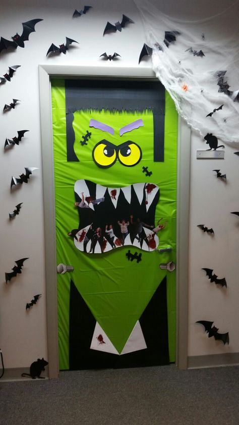 Halloween Frankenstein Decorations, Frankenstein Classroom Door, Frankenstein Door Decoration, Monster Door Decorations Classroom, Halloween Door Contest Ideas, Christmas Office Door Decorating Contest, Office Door Decorating Contest, Monster Mash Door Decoration, Frankenstein Door