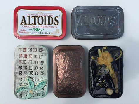 Altoid Tin Jewelry Holder, Decorating Altoid Tins, Painting Altoid Tins, Decorated Altoid Tins, Altoid Tin Ideas, Clay Whistle, Metallic Copper Paint, Container Crafts, Mint Tin Crafts