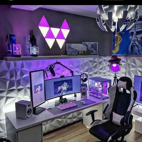 cool gaming setup Gaming Setup Bedroom, Games Room Inspiration, Small Game Rooms, Gaming Desk Setup, Best Gaming Setup, Computer Gaming Room, Computer Desk Setup, Gamer Room Decor, Video Game Room Design