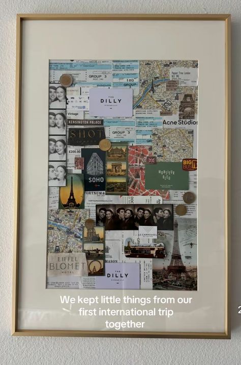 Aesthetic Art Gifts, Tac Board Decor Ideas, How To Frame Postcards, Our First Apartment Keepsake, Travel Picture Frame, Memory Collage Frame, Travel Frame Ideas Display, Ways To Display Postcards, Postcard Room Decor