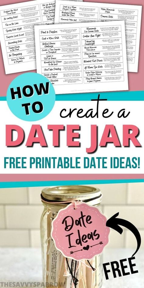 Want to make your own date jar with fun date night ideas? If you're tired of boring dates and going to the same old dinner and a movie, then a date idea jar is for you! Just print the free printable date jar ideas list and glue the date ideas to large popsicle sticks. Then add them to a mason jar and you've got an easy DIY date jar! You can make this date night jar for a creative anniversary gift for your husband, or even give it to your friend as a fun DIY wedding gift! Date Idea Jar, Date Jars, Date Jar Ideas, Dates In A Jar, Activity Jar, Date Jar, Night Jar, Creative Date Night Ideas, Date Night Jar