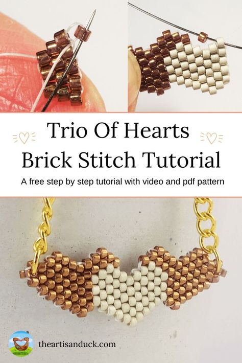 I am sharing a little love this Valentine's with this free brick stitch trio of hearts necklace tutorial with video and pdf pattern. Brick stitch is such a fun and easy stitch to do so even if it this brick stitch trio of hearts looks a little complicated I promise, once you have mastered the… Brick Stitch Necklace, Valentine's Jewellery, Brick Stitch Tutorial, Beaded Heart Necklace, Stitch Necklace, Diy Necklaces Tutorial, Miyuki Beads Pattern, Weaving Ideas, Wire Wrapped Jewelry Diy