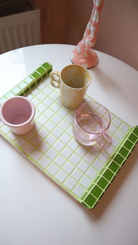 Tile Furniture Diy, Tiled Tray, Leftover Tile, Mosaic Tray, Coloured Grout, Diy Table Top, Tiled Coffee Table, Tile Table, Shelf Board