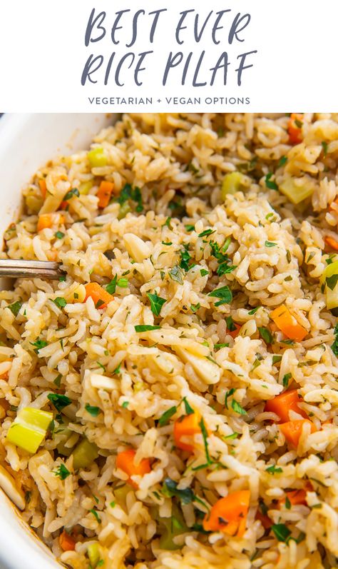 This is the BEST ever rice pilaf, if you ask me! Rice is sautéed in butter then baked with stock and aromatics for the perfect, super flavorful side dish. I got this recipe from my mother, who's been making it for decades. The aromatics make it different and better from most rice pilafs, and that's why it's a family favorite! #ricepilaf #vegetables #healthyside #pantrystaple Best Rice Pilaf Recipe, Jazmin Rice Recipe, Rice Pilaf Recipe Easy, Flavored Rice Recipes, Rice Recipes Side, Rice Sides, Buttery Rice, Rice Dishes Recipes, Rice And Vegetables