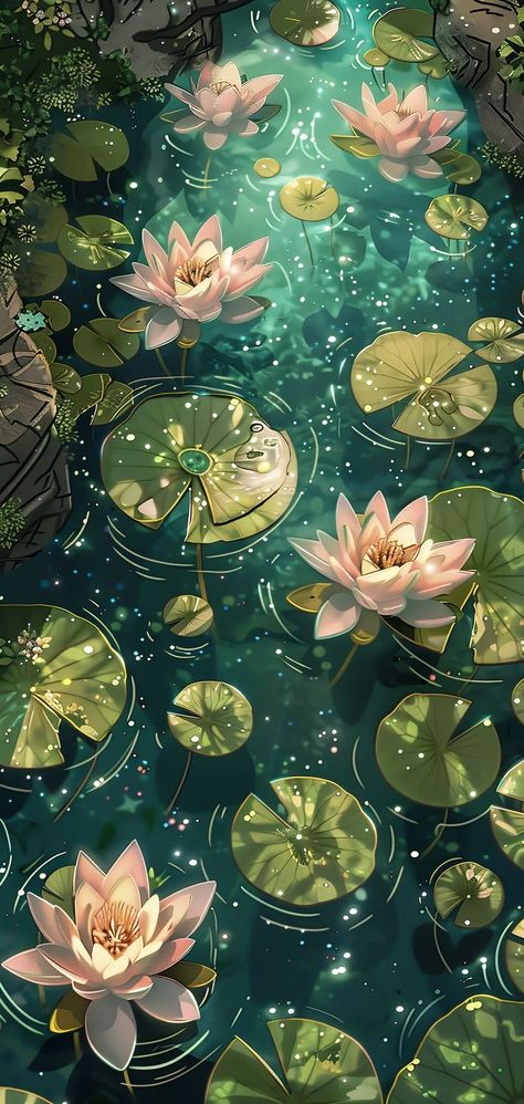 Iphone Wallpaper Fantasy Art, Lily Character, Tea Dragon Society Wallpaper, Lily Pad Wallpaper, Lilypad Aesthetic, Koi Pond Aesthetic, Dark Green Aesthetic Wallpaper Desktop, Lily Pads Drawing, Lily Pad Art