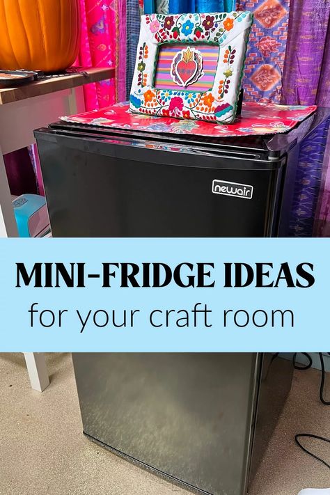 Painting Mini Fridge Diy, Diy Mini Fridge Makeover, Dorm Room Ideas Organization Mini Fridge, Stocked Mini Fridge Snacks, Mini Fridge Decoration Ideas, Creative Ways To Hide Mini Fridge, Bedroom With Mini Fridge, Fridge Decoration Ideas Diy, Mini Fridge Makeover