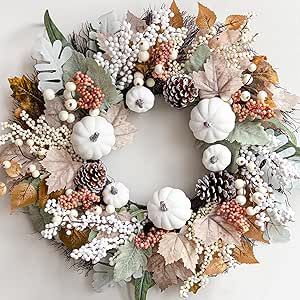 White Pumpkin Decor, Fall Wreaths For Front Door, Leaf Pumpkin, Neutral Fall Decor, Fall Living Room Decor, Fall Living Room, Indoor Window, Fall Front Door, Berry Wreath