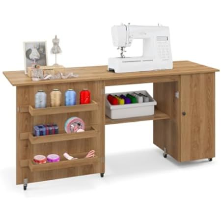 COSTWAY Folding Sewing Table, Multipurpose Craft Station Desk, Display Cabinet with Shelves Storage, Lockable Wheels, Rolling Sewing Machine Desk for Home Apartment, Natural : Amazon.ca: Home Folding Sewing Table, Sewing Craft Table, Sewing Machine Cabinet, Craft Cart, Sewing Machine Table, Craft Station, Sewing Cabinet, Shelves Storage, Storage Cabinet Shelves