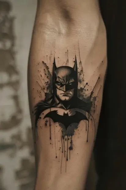 abstract batman tattoo Batman Face Tattoo, Book Tattoo Inspiration, Batman Tattoos Men, The Batman Tattoo, Batman Sleeve Tattoo, Batgirl Tattoo, Batman Tattoo For Men, Batman Tattoo Design, Batman Tattoo Ideas