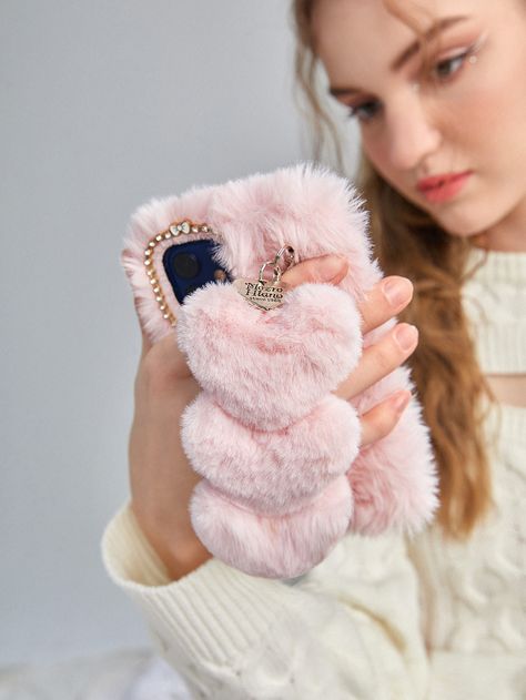 Multicolor  Collar  Silicone Heart Hand Strap Phone Case,Plush Phone Cases Embellished   Phone/Pad Accessories Cute Girly Phone Cases, Iphone Case Decorations, Pink Fluff, Fluffy Phone Cases, Crockery Design, Diy Phone Case Design, Bling Phone Cases, Purple Cases, Giveaway Gifts