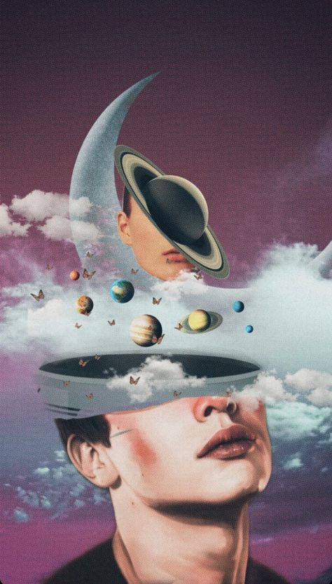 Surreal Iphone Wallpaper, Head In The Clouds Illustration, Creative Self Portraits Drawings, Parallel Universe Aesthetic, Parallel Universe Art, Risk Aesthetic, Space Portrait, Surealism Art, Iphone Wallpaper Cat