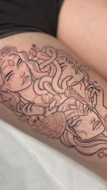 ❈ TATTOO ARTIST ❈ on Instagram: "Lines done for Athena, Medusa and Artemis ✨  @kwadron @magicmoon_tattoo_supply @ghostcartridges   #greekmythology #greektattoo #femaletattooartist" Artemis And Athena Tattoo, Athena Tattoo Simple, Athena Tattoo Minimalist, Athena Medusa, Artemis Tattoo, Athena Tattoo, Sketching Ideas, Medusa Tattoo, Female Tattoo Artists