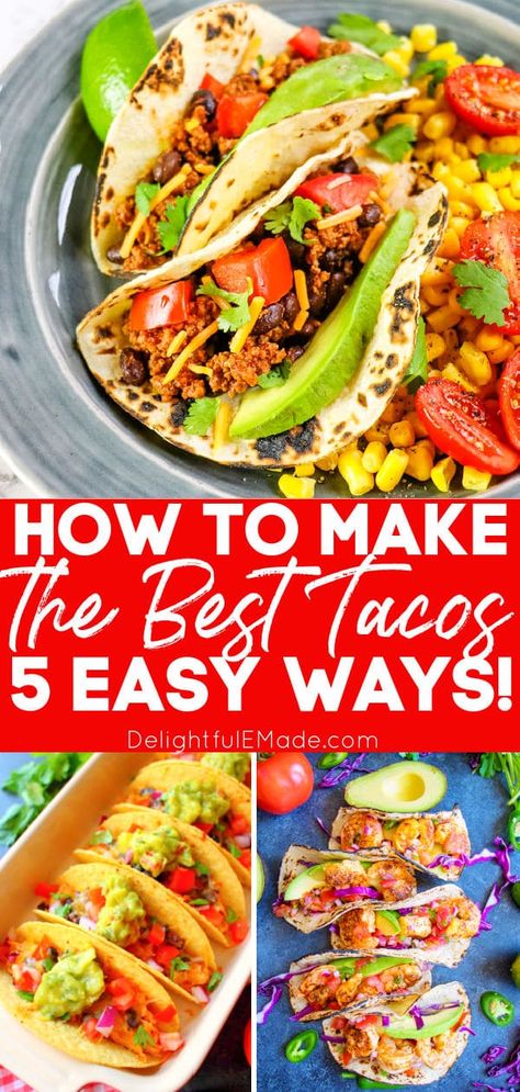 Wondering how to make tacos from scratch? Wondering how do you make tacos? I’ve got 5 super easy taco recipes that can be adapted multiple ways, given the ingredients that you already have at home. These taco recipes can be done in 15 minutes or less! || Delightful E Made Best Taco Meat Recipe, Salmon Tacos Recipe, Easy Taco Salad Recipe, Indian Tacos, Easy Taco Recipes, Quick Pasta Recipes, How To Make Taco, Taco Ingredients, Sheet Pan Dinners Recipes