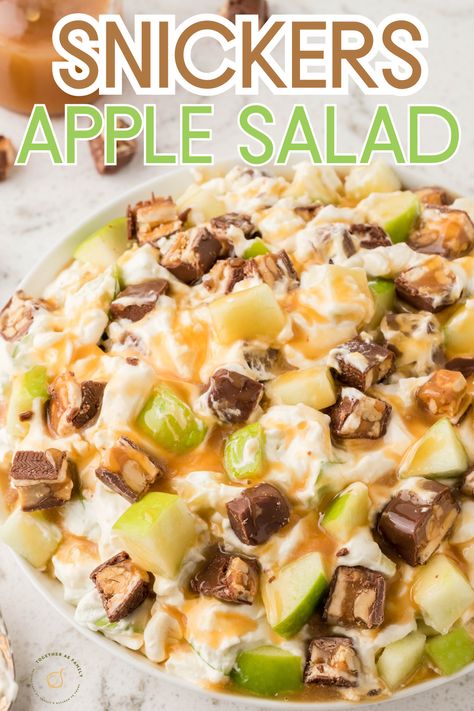 One photo with text at the top Apple Snickers Salad, Snickers Dessert, Green Apple Salad, Snickers Recipe, Apple Salad Recipe, Caramel Apple Salad, Fruit Crisp Recipe, Snicker Apple Salad, Snickers Salad