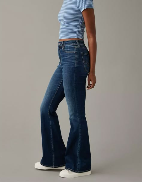 AE Next Level Super High-Waisted Flare Jean High Waisted Bell Bottom Jeans, Flare Jean Outfit, Flare Outfit, Flare Jeans Outfit, Job Clothes, Super Flare Jeans, Blue Flare Jeans, Flair Jeans, Jeans Outfit Summer