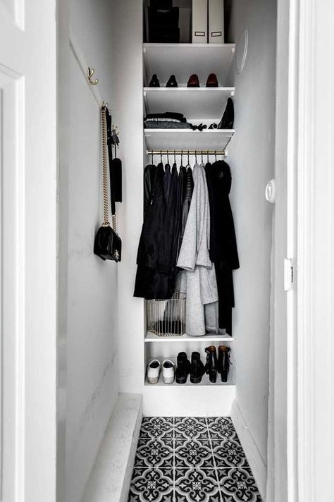 Deep Narrow Closet Ideas Bedroom, Narrow Coat Closet, Small Deep Closet, Small Coat Closet Ideas, Coat Closet Design, Long Narrow Closet, Narrow Closet Design, Small Coat Closet, Farmhouse Reno