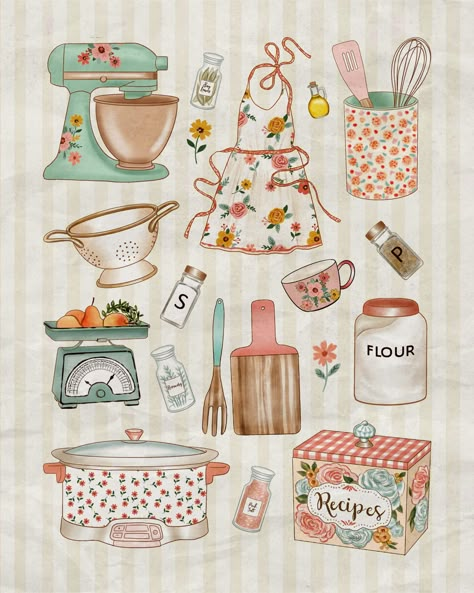 Kawaii Baking Drawing, Cooking Planner, Kitchen Collage, Baking Drawing, Cook Book Ideas, Vintage Aesthetic Stickers Printables, Vintage Aesthetic Stickers, Scrapbook Recipe Book, Scrapbook Recipe