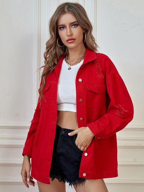 Red Jacket Outfit, Short Plus Size Fashion, Red Denim Jacket, Jacket Outfit Women, Jean Jacket Outfits, Denim Jacket Outfit, Fashion Tops Blouse, Sleeveless Bodysuit, Clothing Hacks