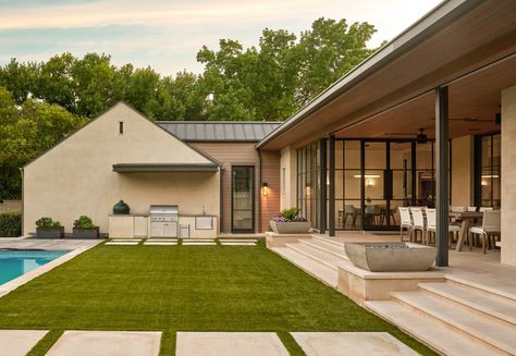 Patio With Steps, Modern Spanish Farmhouse, Lanai Design, Lanai Ideas, Modern Mediterranean Home, Modern Pool House, Mediterranean Interior Design, Boutique Studio, Crested Butte Colorado