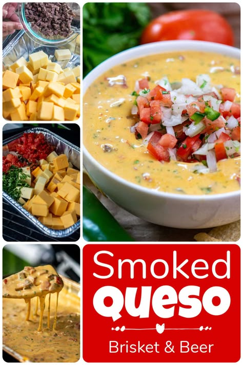 Bring out the Chips and Dip! This Smoked Queso uses leftover brisket and beer and makes a creamy and filling party dip. Add your favorite wood smoke and make this on the grill before Game Day! via @kitchen laughter Smoked Brisket Queso Dip, Texas Smoked Queso Dip, Brisket Cheese Dip, Brisket Queso Recipes, Smoked Texas Queso, Smoked Brisket Queso, Brisket Dip Recipes, Brisket Queso Dip, Texas Queso Dip