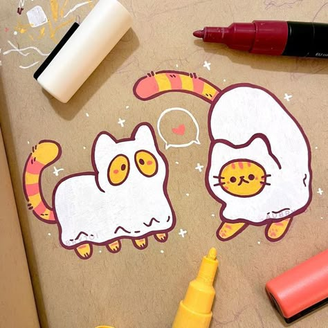 Fall Posca Art, Posca Pumpkin, Posca Pens Doodles, Ghost Cat Doodle, Halloween Cute Art, Cute Posca Art, Halloween Drawings Cute, Colorful Cartoon Art, Little Ghost Drawing