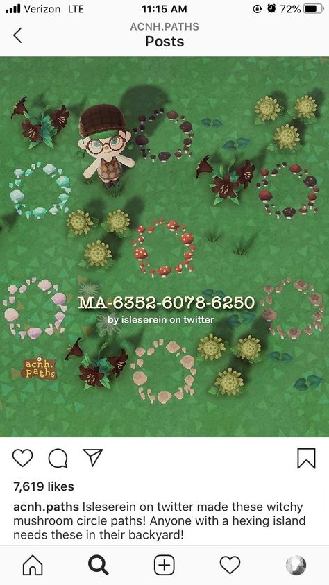 Acnh Circle Design, Mushroom Core Animal Crossing, Acnh Moss Path Design, Mushroom Animal Crossing Code, Acnh Paths Designs Mushroom, Mushroom Design Codes Acnh, Acnh Island Inspo Fairycore, Witchcore Acnh Island, Mushcore Animal Crossing