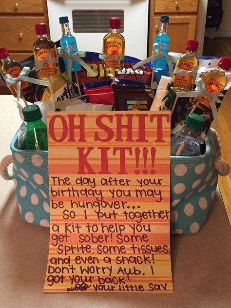 21st birthday "Oh Shit Kit" for my big!!! Birthday Goddess, Birthday Checklist, 21st Birthday Diy, 21st Birthday Presents, 21st Bday Ideas, Birthday Glitter, 20th Birthday Gift, Birthday Basket, Birthday Sash