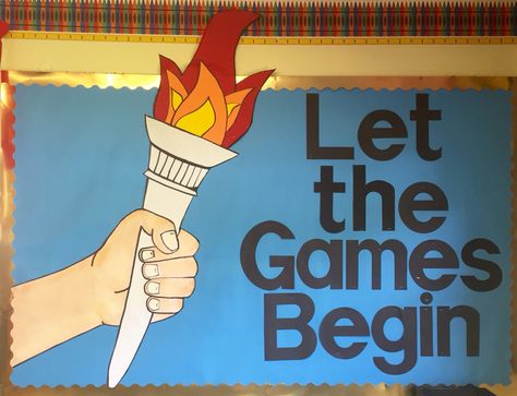 Olympics bulletin board Summer Olympics Bulletin Board Ideas, Olympic Theme Classroom Decorations, Olympic Theme Bulletin Board Ideas, Olympic Themed Bulletin Board, Olympic Bulletin Boards For School, Sport Bulletin Board Ideas For School, Summer Olympics Bulletin Board, Olympic Bulletin Board Ideas, Hoco Decorations