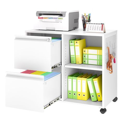 PRICES MAY VARY. EXCELLENT STORAGE SPACE: This file cabinet not only has two lockable drawers but also an open storage compartment for better storage of items. In addition, there are hooks on the side for hanging items. HIGH-QUALITY MATERIALS: The filing cabinet uses high-quality cold-rolled steel as the cabinet body, which is strong and durable. The surface is coated for easy cleaning. The overall weight capacity can reach about 150 pounds. FLEXIBLE MOBILITY: There are 4 360° rotating wheels at Office Storage Ideas For Small Spaces, Small Office Organization, Art Nook, Shelves For Home Office, Organize Office, Home Office White, Open Storage Shelves, 2 Drawer File Cabinet, Hanging Items