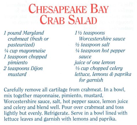 Chesapeake Bay Crab Salad Crab Salad, Chesapeake Bay, Crab Meat, Worcestershire Sauce, Mayonnaise, Lettuce, Stir Fry, Crab, Celery